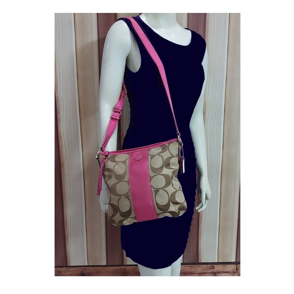 Coach F21905 Signature Pink Stripe - Khaki with Pink Shoulder Bag